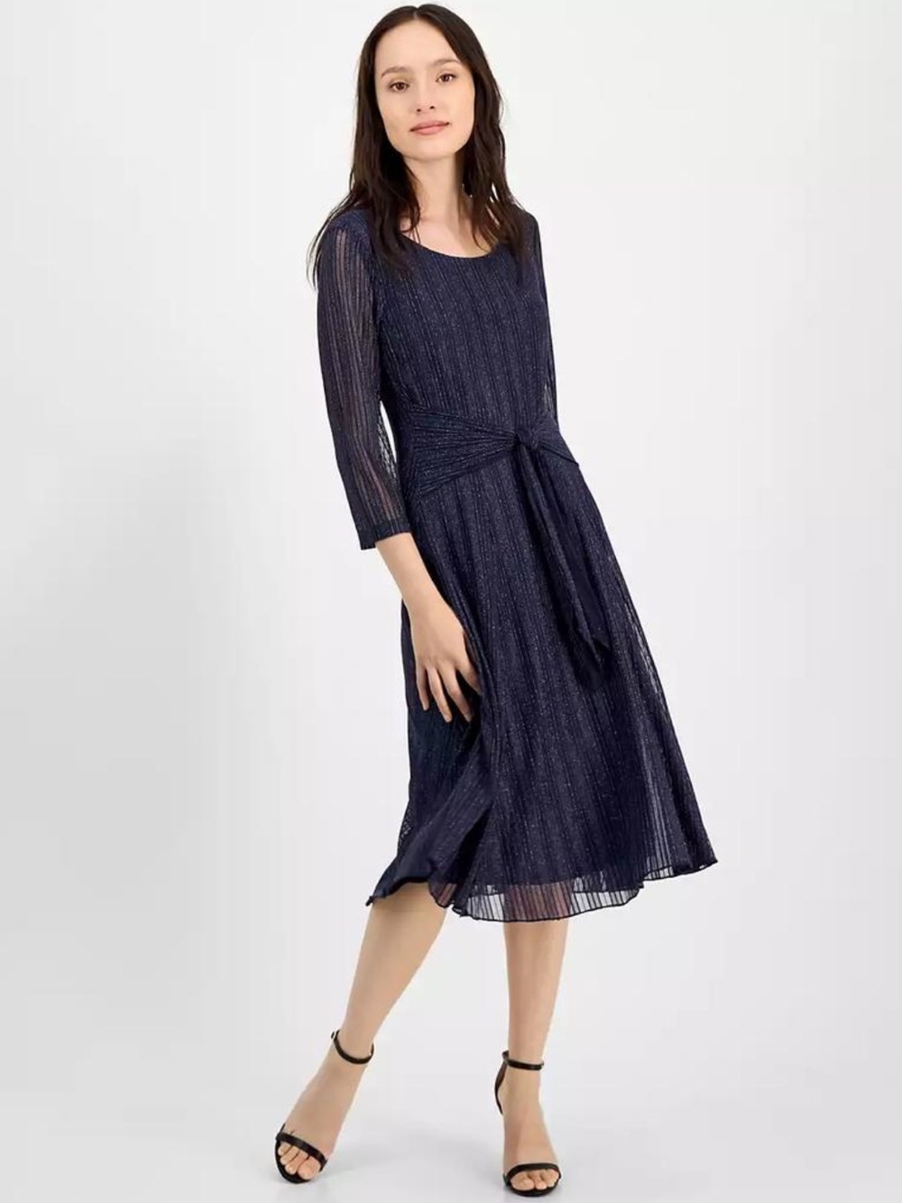 Connected Women's Petite Mesh Tie-Waist 3/4-Sleeve Midi Dress 8P